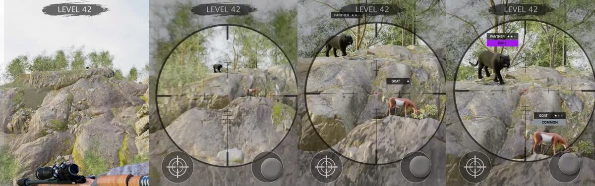 Four frames from the cliff creative at 0.0, 0.9, 1.3 and 1.8 seconds, going from a wide unscoped shot to named and priced targets